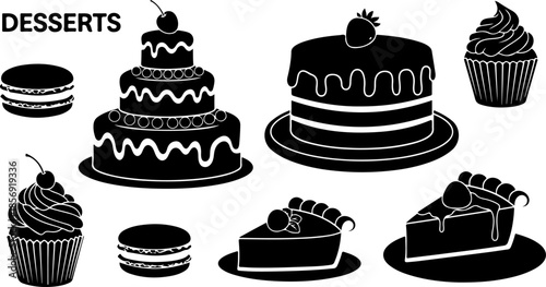 Black and White Cake Illustration Set – Wedding, Birthday & Dessert Icons