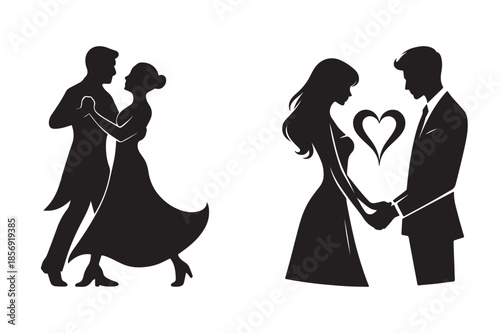 Romantic silhouettes of a dancing couple and two lovers holding hands with a heart