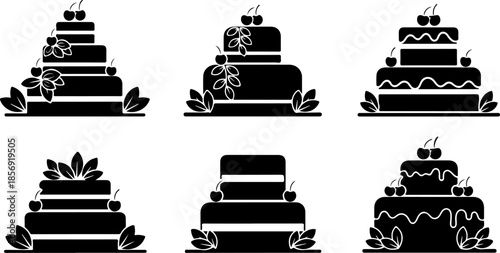 Black and White Cake Illustration Set – Wedding, Birthday & Dessert Icons