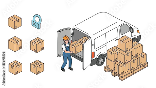 Delivery worker loading cardboard boxes into a white van for transport