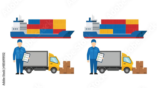Cargo ships delivery trucks and a worker inspecting shipping documents illustrated
