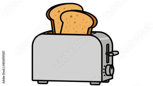 A simple illustration of a gray toaster with two slices of bread popping up