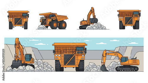 Illustrative depiction of large mining trucks and excavators in various views