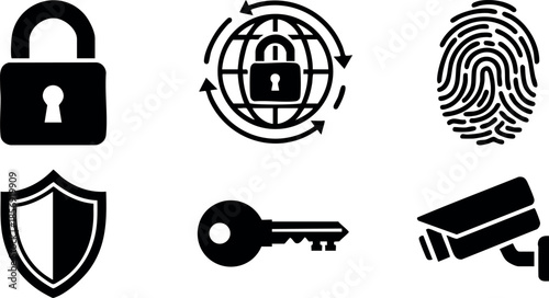 Security icons set with lock, fingerprint, shield, key, and surveillance camera symbols for digital and physical protection design