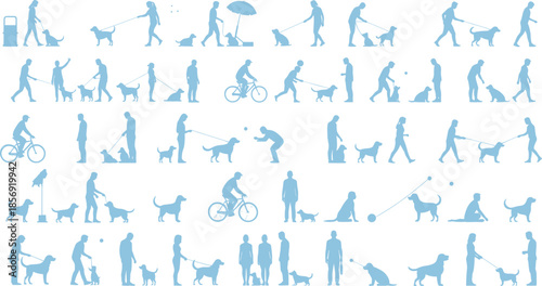 Human and dog silhouette set in blue showing varied interactions like walking, playing, training, and companionship for pet design