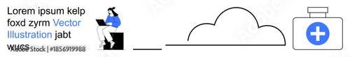 Remote work, cloud storage, healthcare, technology tools, digital collaboration, online services. Person sitting with a laptop, cloud icon medical symbols. Remote work and cloud storage