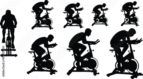 Stylized exercise bike silhouette set showing diverse cycling postures for fitness, workout, and ergonomic design illustration
