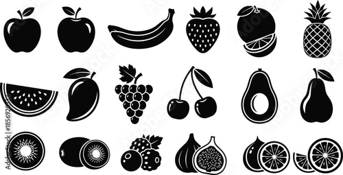 Black silhouette icons of assorted fruits including apple, banana, strawberry, orange, pineapple, mango, kiwi, fig, and citrus slices