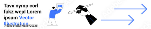 Person presenting digital content on a screen, hand painting with a brush, and arrows symbolizing progress. Ideal for creativity, teamwork, art, digital tools, innovation, growth simple landing page