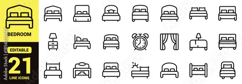 Set of Minimalist Bedroom Line Icons Featuring Various Bed Designs, Nightstands with Lamps, Alarm Clocks, Curtains, and Home Decor Symbols