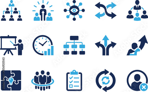 Leadership, management line icons set for teamwork strategy decision making organization workflow business concepts analytics