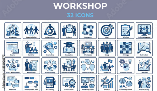 Workshop, training and collaboration line icons set for education teamwork leadership skills development business learning