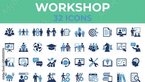 Workshop, line icons set for training, collaboration teamwork presentation education business learning concepts professional development