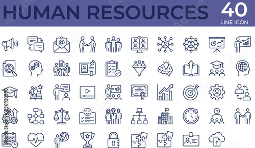 Human resources line icons set for recruitment training teamwork management communication business workforce concepts