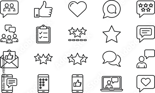 Social media feedback line icons set for chat rating review communication engagement customer experience
