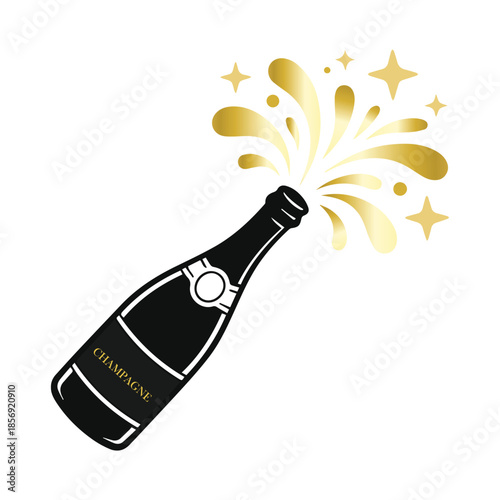 Champagne bottle popping golden splash and stars vector icon
