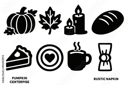 Brutalist Autumn Icons. Seasonal Table silhouette set: pumpkin centerpiece, leaf decor, cozy candles, bread loaf, pie slice, plate with heart, warm drink, rustic napkin ring