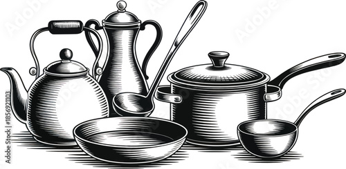 Black and white kitchen cookware set including pots, pans, kettle, and ladle arranged as a clean hand-drawn illustration for culinary concepts, home cooking, and restaurant design use.