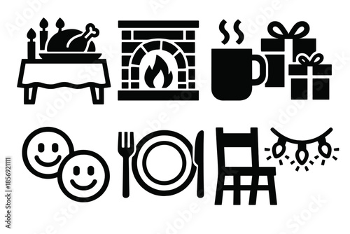 Holiday Reunion Icons. Holiday Reunion silhouette set: decorated table, fireplace, hot drink, presents, smiling faces, dinner plate, chair setting, glowing lights