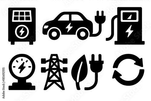 Bold Green Tech Icons. Green Technology silhouette set: solar inverter, electric car, charging dock, smart grid, energy meter, eco leaf, power cable, sustainability symbol