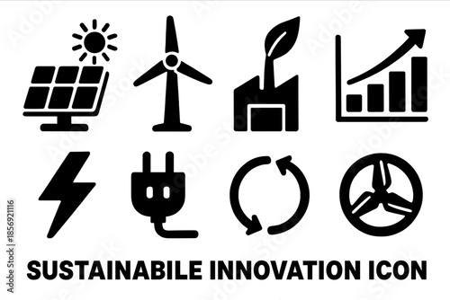 Sustainable Energy Icons. Sustainable Innovation silhouette set: solar cell, wind blade, bioenergy plant, efficiency chart, green lightning bolt, smart plug, clean loop, renewable