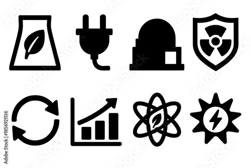 Brutalist Nuclear Icons. Clean Nuclear Technology silhouette set: reactor with leaf, power plug, containment dome, safety shield, renewable loop, efficiency chart, eco atom, energy