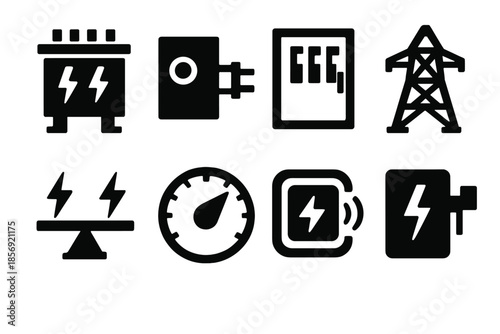 Industrial Icon Set. Industrial Voltage Systems silhouette set: transformer unit, relay, breaker panel, electric tower, load balancer, control dial, sensor icon, safety switch