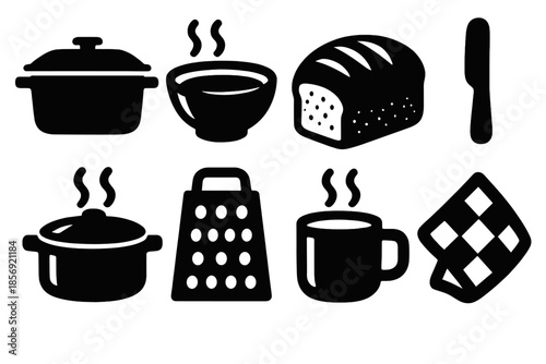 Brutalist Comfort Icons. Comfort Food silhouette set: casserole dish, soup bowl, loaf of bread, butter knife, stew pot, cheese grater, hot drink, cozy napkin