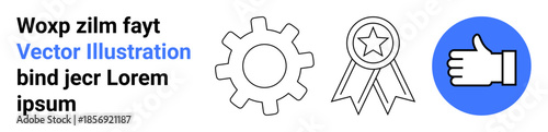 Business success, teamwork, achievement, feedback, recognition, process improvement. Gear, ribbon thumbs-up icon with bold designs. Achievement and teamwork-related visualization