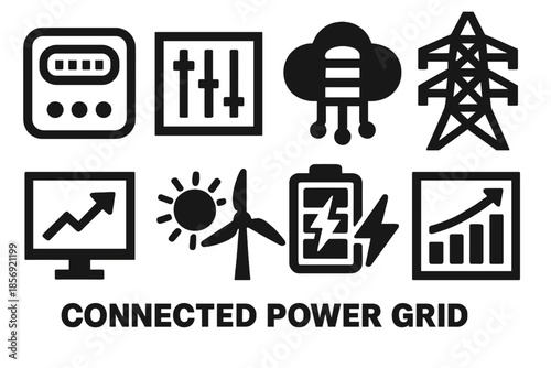 Brutalist Energy Icons. Connected Power Grid silhouette set: smart meter, control panel, data cloud, transmission tower, energy monitor, renewable icons, battery pack, efficiency