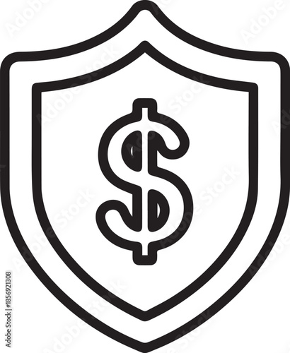 A clean black and white line art vector featuring a dollar sign centered within a shield. This minimalist icon represents financial security, insurance, and protected investments.