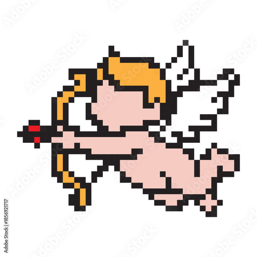 Pixel cupid with bow icon for Valentine’s Day. Cute 8-bit love symbol for romantic, wedding, and holiday designs, apps, games, stickers, and social media posts.
