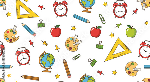 Back to school seamless pattern with education supplies clocks apples and globes colorful cartoon illustration