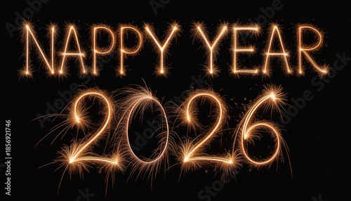 A glowing neon light illustration celebrates the New Year party night with a colorful 2026 date design and fireworks symbol on a black background to celebrate the holiday