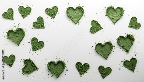 Seamless vector design featuring an abstract green leaf texture and nature pattern set with heart shapes for a romantic Valentine Day holiday card or wedding decoration wallpaper illustration