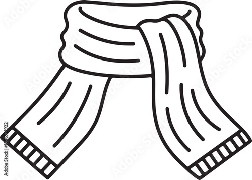A minimalist black and white line art vector of a cozy winter scarf. This clean, hand-drawn illustration features ribbed texture and draped ends, perfect for seasonal or cold weather designs.