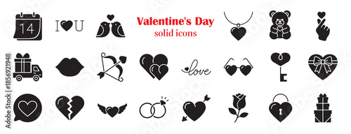 Set of 22 solid Valentine icons. Bold love and romance glyph pack with heart, gift, ring, calendar, chat, and date symbols for Valentine’s Day card, wedding, app, logo, and social media design.