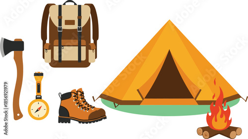 Camping adventure equipment set with tent backpack fire and hiking tools outdoor travel illustration