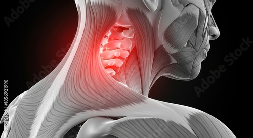 Anatomical rendering of neck muscles highlighting cervical spine pain on a dark background