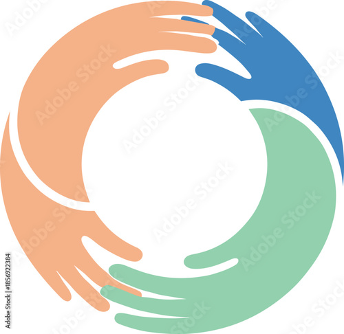 Circular design of interlocking hands in peach, blue, and green symbolizing unity, collaboration, support, and inclusivity