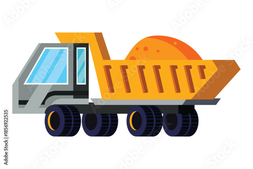 Cartoon dump truck loaded with orange dirt on white background