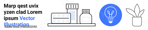 Healthcare, innovation, wellness, sustainable growth, pharmacy, energy solutions. Medicine bottles and pills, light bulb icon and potted plant. Healthcare and innovation concept