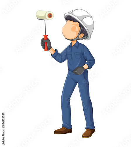 Painter in blue overalls holding a paint roller on white background
