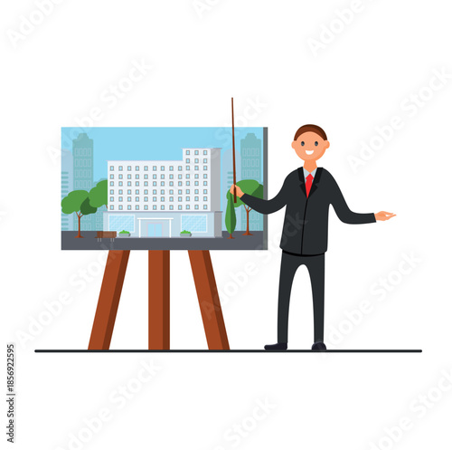 Businessman presenting building project on easel on white background