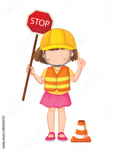 Child construction worker holding stop sign girl safety