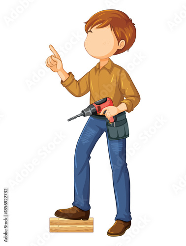 Carpenter pointing with drill and tool belt on white background Keywords: man, carpenter