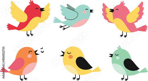 Cute cartoon bird characters set colorful singing and flying birds playful animal illustration collection