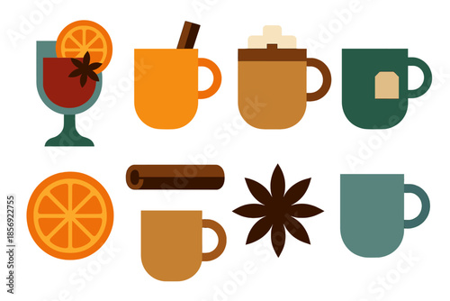 Seasonal Beverage Icons. Seasonal Sips in geometric flat style: mulled wine, spiced cider, hot cocoa, tea, mug, orange slice, cinnamon stick, star anise