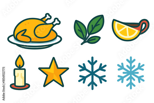 Festive Goose Icons. Classic Christmas Goose modern flat vector icons: golden roast bird, herbs, lemon wedge, plate, sauce, candle, star, snowflake