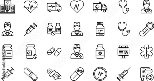 Black outline icons of medical services including hospital, ambulance, stethoscope, medicine, syringe, thermometer, and healthcare professionals